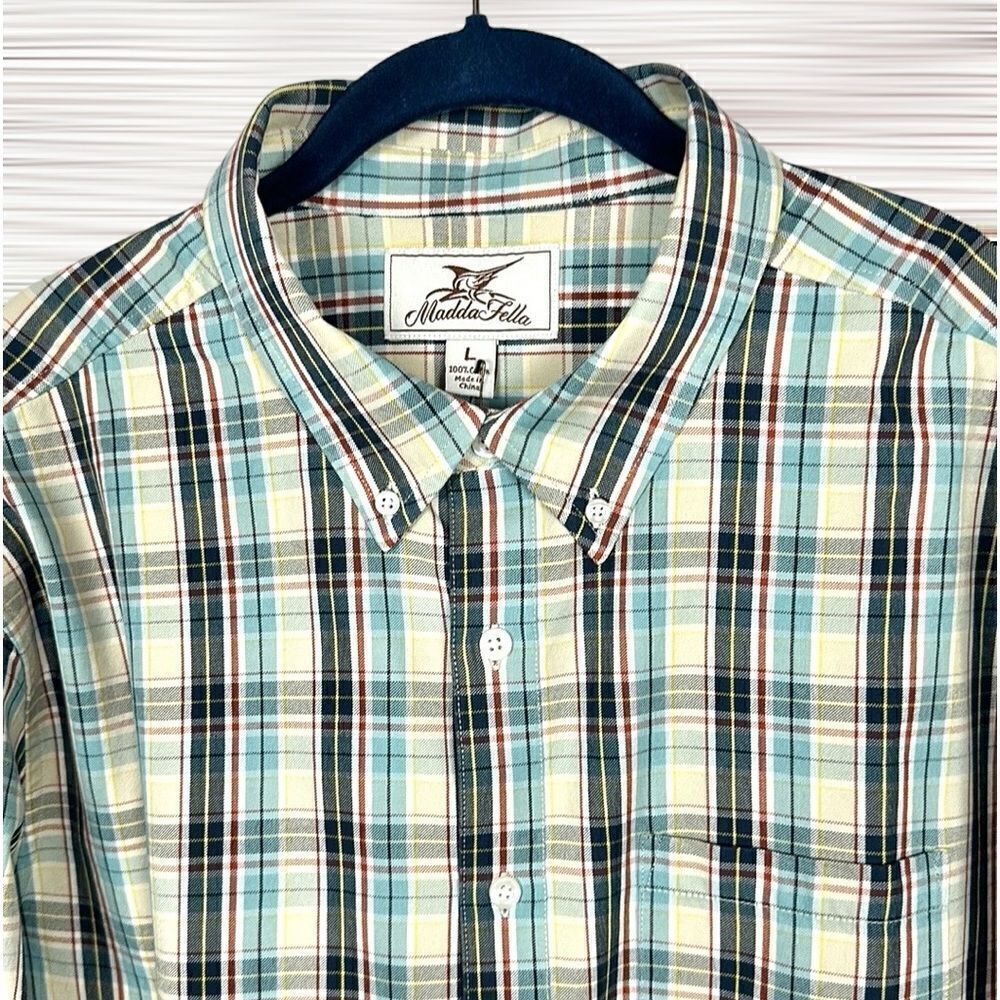 NWT New Madda Fella Cotton Plaid Long Sleeve Casual Button Down Oxford Shirt L